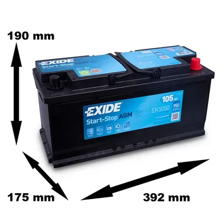 Exide Start-Stop AGM EK1050 105 A/h 950 A R+ 393x175x190 мм