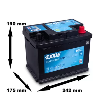 EXIDE Start-Stop AGM EK600 60 A/h 680A R+ 242x175x190 мм