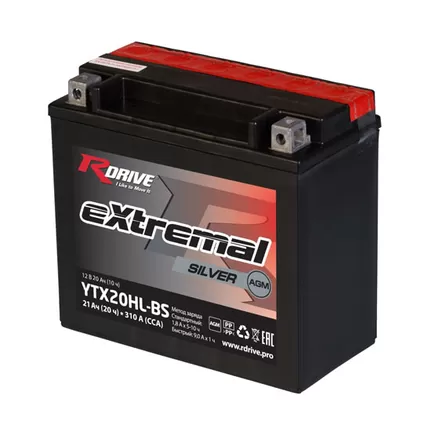 RDrive Extremal Silver YTX20HL-BS 20A/h 310 A R+ 175x87x155 мм