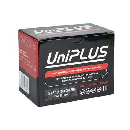 UniPlus AGM EB4-3 3 A/h 50 A R+ YTX4L 113x70x85 мм