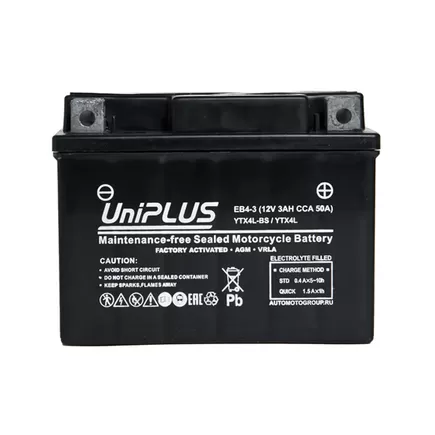 UniPlus AGM EB4-3 3 A/h 50 A R+ YTX4L 113x70x85 мм
