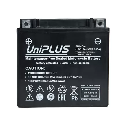 UniPlus AGM EB14C-4 12 A/h 200 A L+ YTX14 151x88x147 мм